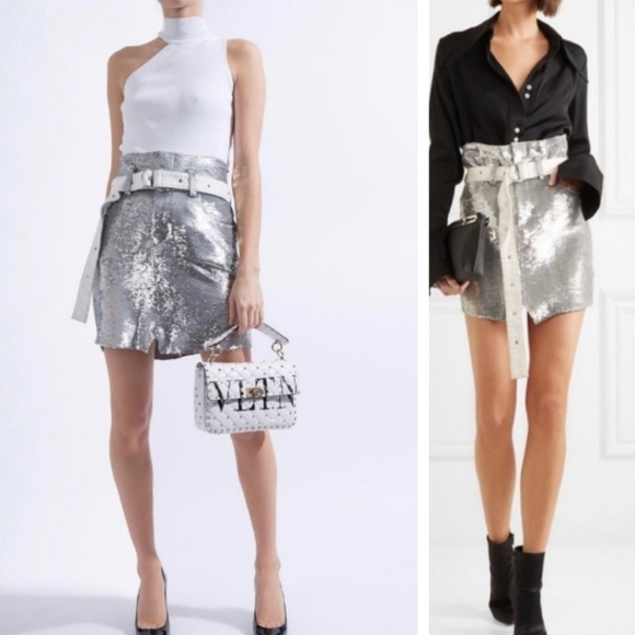 FINAL SALE Silver Sequin Belted Holiday Bling Cosplay NYE Mini Skirt - Picture 1 of 13
